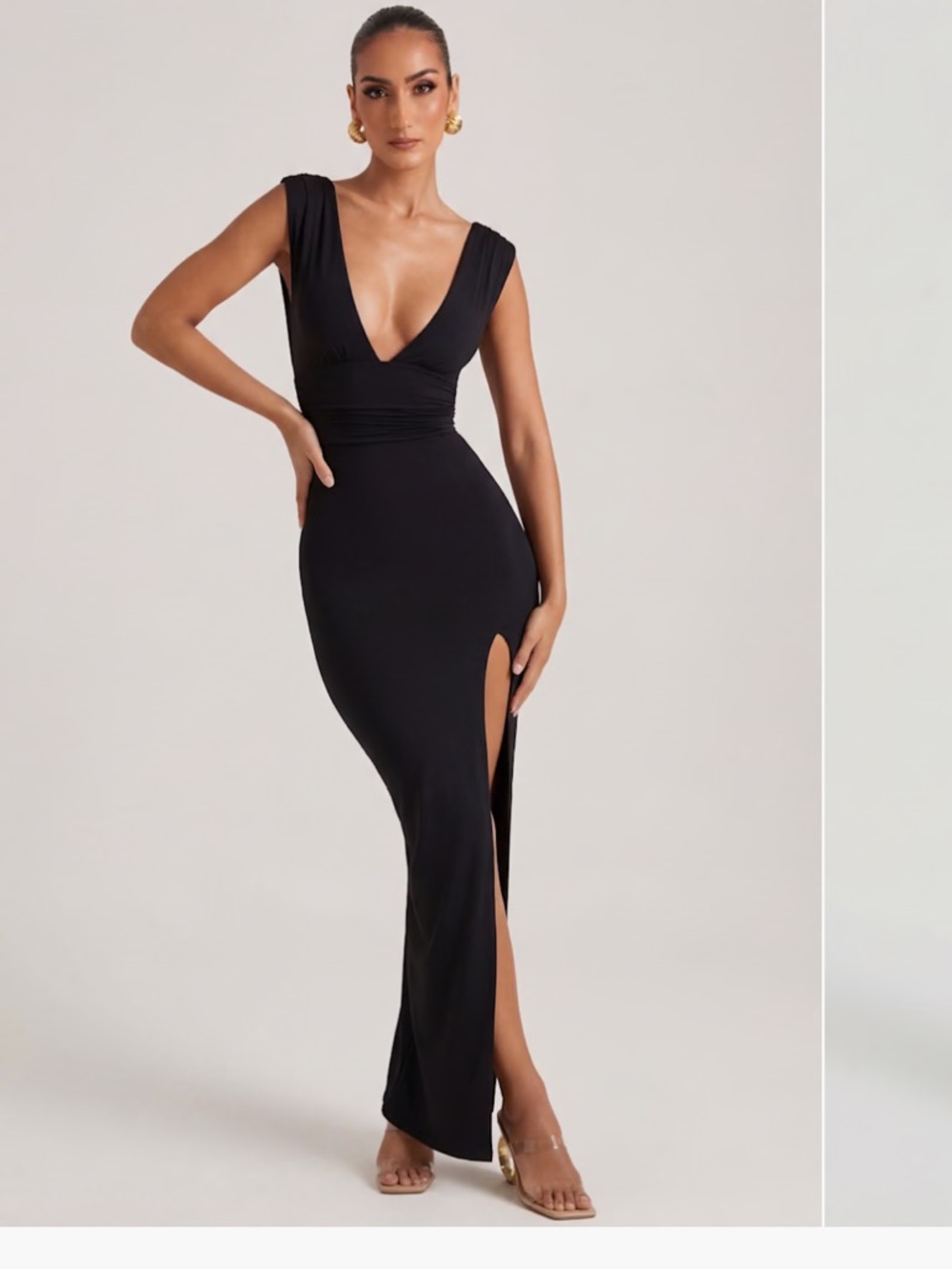 Oh Polly brand Black Plunge-Neck Maxi Dress with Side Slit